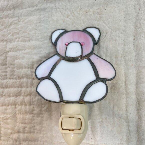 VintageTeddy Bear Stained Glass Night Light  Plug-In  Kids Room Decor  Pink & Wh - Picture 5 of 8
